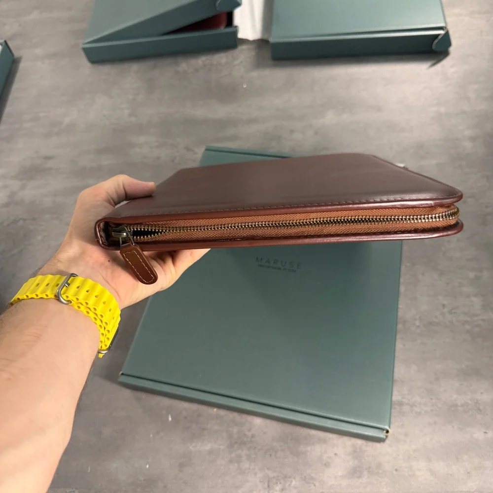 Maruse Portfolio Dark Brown Italian Leather Zippered Document Holder Notepad